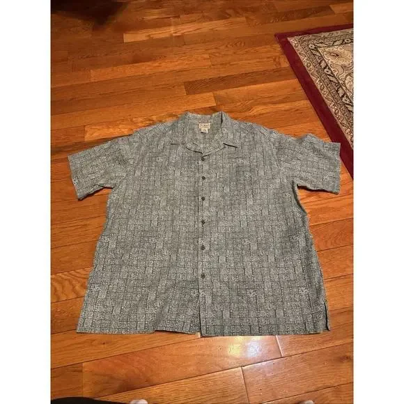 LL Bean Blue Mens XL Tribal Short‎ Sleeve Button Down Cotton Hawaiian Shirt VTG - Picture 2 of 7